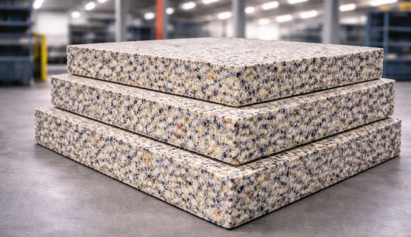 Stacked rebond foam soundproofing sheets used for acoustic insulation, noise reduction and industrial sound control applications.