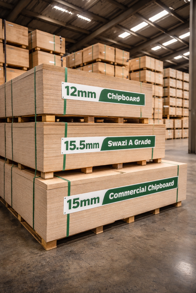 Bundles of chipboards in a factory warehouse including 12mm chipboard, 15.5mm Swazi A grade chipboard, and 15mm commercial chipboard stacked on pallets.