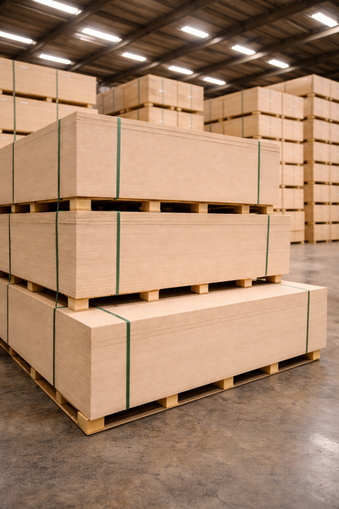 Bundles of MDF boards stacked on pallets inside a factory warehouse ready for furniture manufacturing and carpentry use.