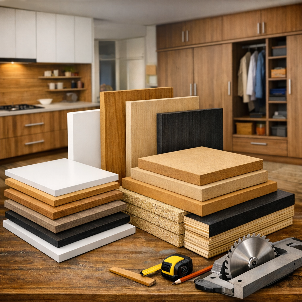 Melamine boards, MDF, chipboard and plywood stacked in a furniture workshop for kitchen units, wardrobes and carpentry projects supplied by Freemo Boards