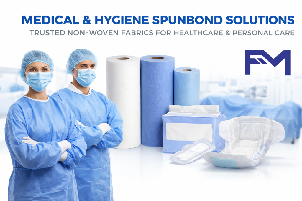 Freemo medical and hygiene spunbond non-woven fabric rolls used for surgical gowns, face masks, diapers and disposable healthcare products in South Africa.