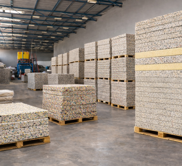 Large stacks of high-density rebond foam blocks and chipfoam sandwich foam sheets stored in a foam manufacturing factory warehouse.