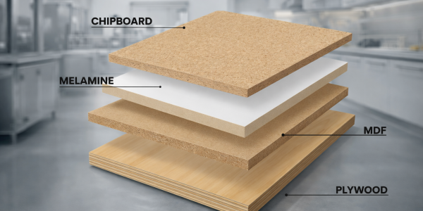 Stacked wood boards showing chipboard, melamine board, MDF board and plywood used for furniture manufacturing and cabinetry.